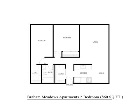 Floor plan for 2 beds, 1 bath, 860 sqft